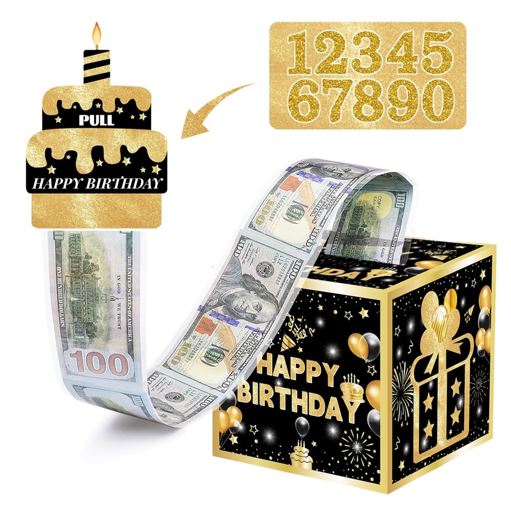 Birthday Money Box for Cash Gift with DIY StickersA Surprising Money Gift Box with Pull-Out Happy Birthday Card & 50 Cash Bags, Ideal Gift for Men, Women All Ages