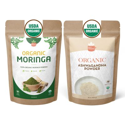 Organic Moringa & Ashwagandha Powder Bundle 1 lb (454g) Each USDA Organic Herbal Superfood Adaptogens for Energy, Stress Relief, Focus, Immune Support Vegan, Non-GMO Supplement for Daily Use