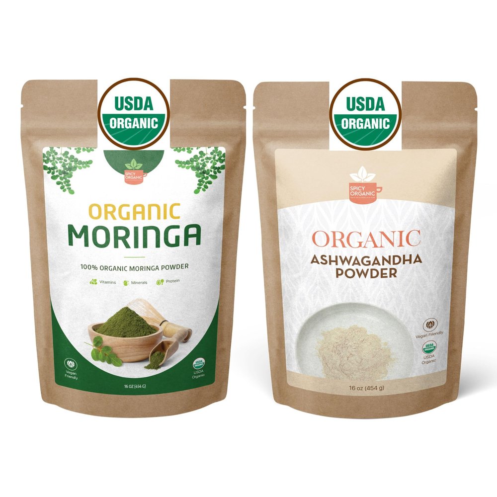 Organic Moringa & Ashwagandha Powder Bundle 1 lb (454g) Each USDA Organic Herbal Superfood Adaptogens for Energy, Stress Relief, Focus, Immune Support Vegan, Non-GMO Supplement for Daily Use