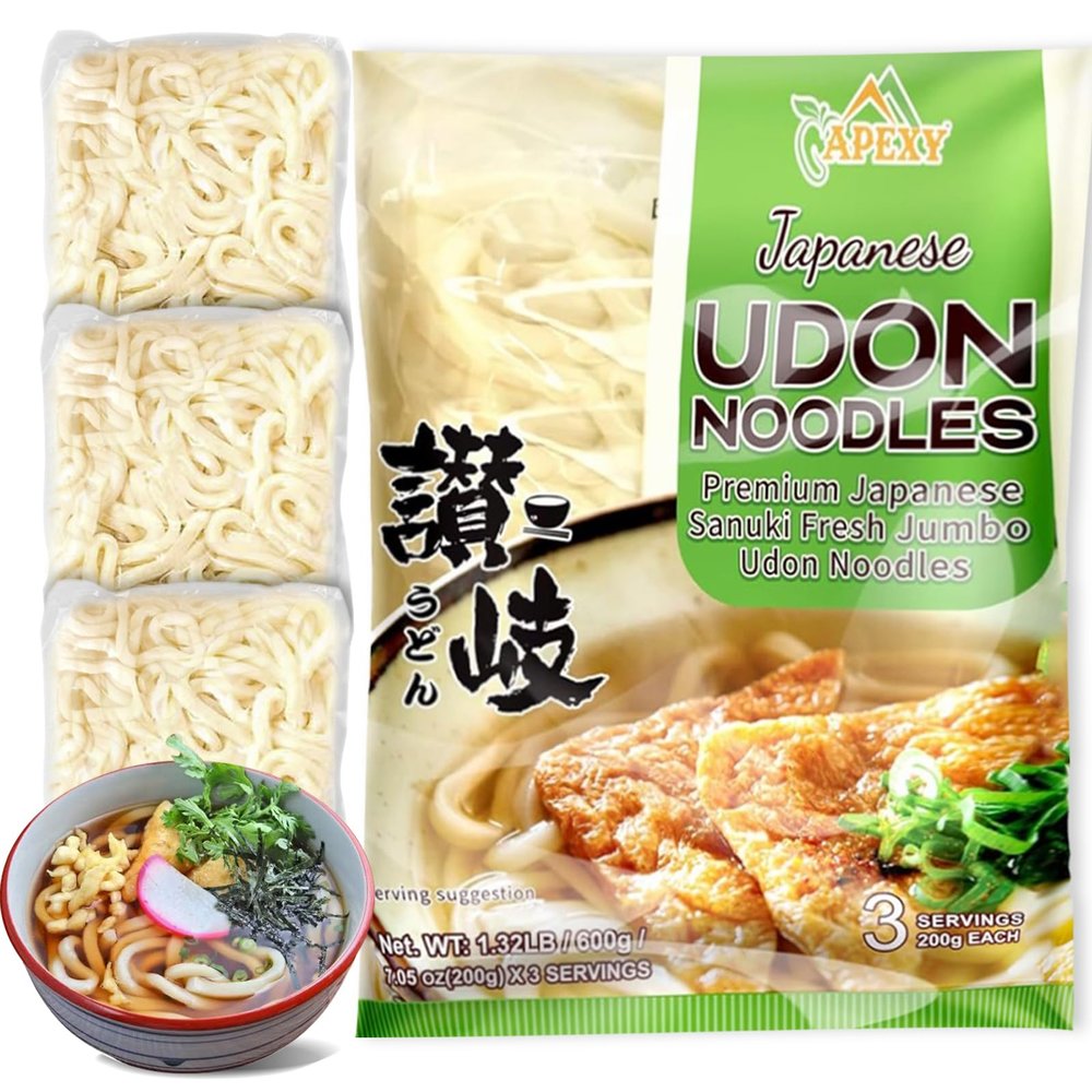 Apexy Japanese Style Fresh Udon Noodles, Authentic Sanuki Jumbo Chewy Noodles, Quick & Easy Meal Solution, 3 Individual Servings (Restaurant-Quality Taste at Home) 21.15oz