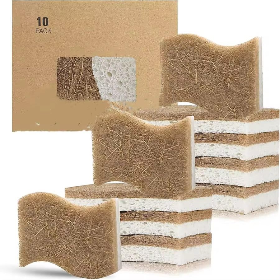 Biodegradable Natural Kitchen Sponge - Compostable Cellulose and Coconut Walnut Scrubber Sponge (Pack of 10)