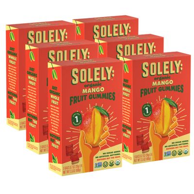 SOLELY - Organic Mango Whole Fruit Gummies (Pack of 6 Boxes, 5 Bags per Box) - Real Fresh Fruit - Healthy Snacks for Adults & Kids - Non GMO, Vegan Snacks, Shelf Stable - 30 Bags (3.5 oz)