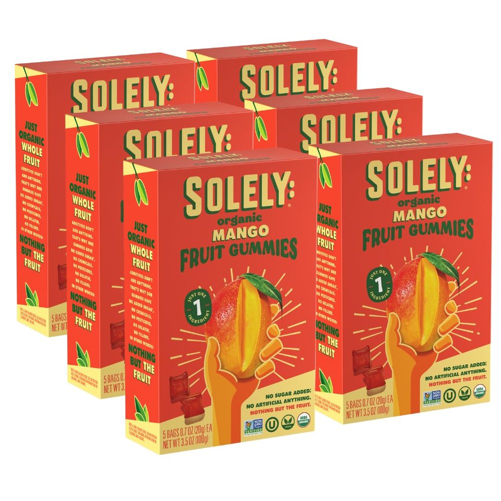 SOLELY - Organic Mango Whole Fruit Gummies (Pack of 6 Boxes, 5 Bags per Box) - Real Fresh Fruit - Healthy Snacks for Adults & Kids - Non GMO, Vegan Snacks, Shelf Stable - 30 Bags (3.5 oz)