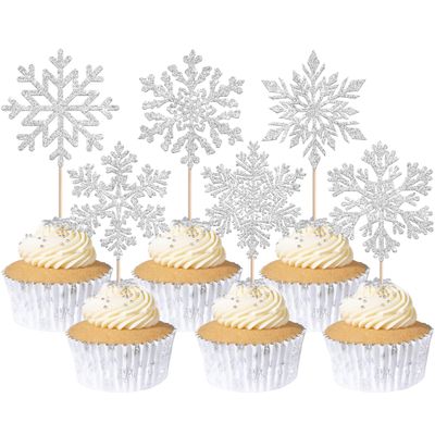 24 PCS Snowflake Cupcake Toppers Frozen Snowflake Cupcake Picks Winter Wonderland Cake Decorations for Christmas Winter Frozen Theme Baby Shower Birthday Party Cake Decorations Supplies Silver
