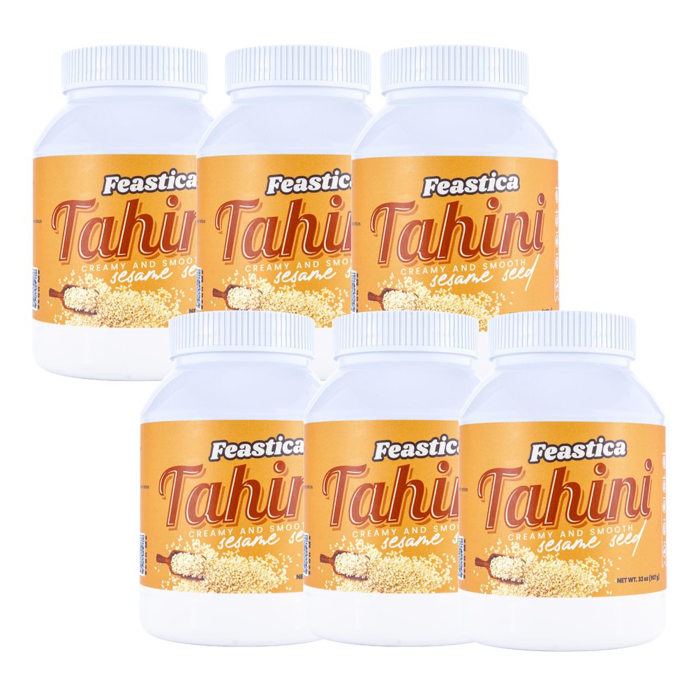 FEASTICA Natural Tahini Paste 100% Roasted Sesame Paste, Vegan & Gluten-Free, Keto & Dairy-Free, Non-GMO, No Palm Oil, Mediterranean Spread for Hummus, Dressings, Sauces & Healthy Cooking (32 Ounce (Pack of 6))