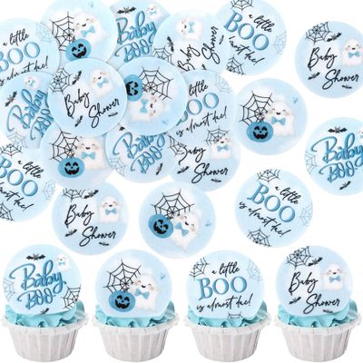 40Pcs Edible Blue Boo Baby Cupcake Toppers A Little Boo is Almost Due Cupcake Picks Drink Topper for Blue Halloween Baby Shower Boys Birthday Party Cake Cupcake Decorations