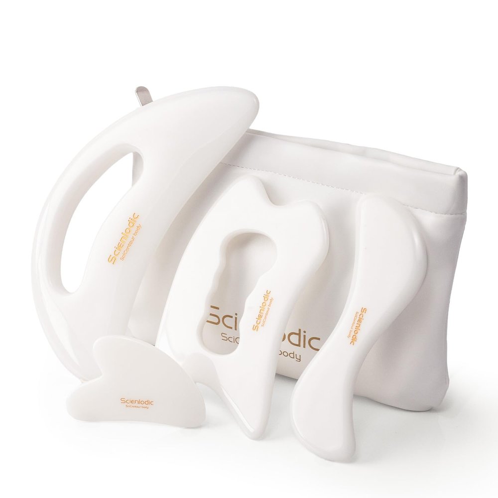 Scienlodic 4 Pcs Gua Sha Massage Tools for Face & Body (White, Resin) - Guasha Scraping Tool for Jawline Contouring, Puffiness Reduction, Neck, Back, Legs & Muscle Relaxation