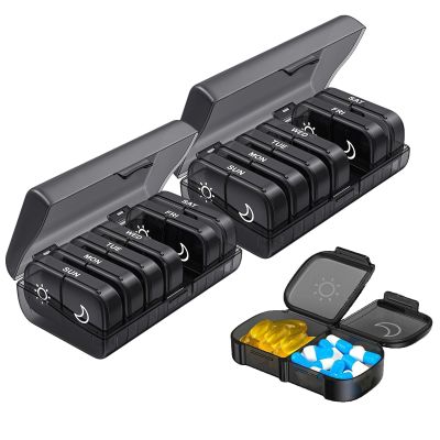 2-pcs XL Weekly Pill Organizer, 2-a-Day, 7-Day Pill Organiser, Single-Sided Opening for Easy Access, Black Privacy-Protected AM/PM Pill Storage for Vitamins, medications, Supplements, and Fish Oil