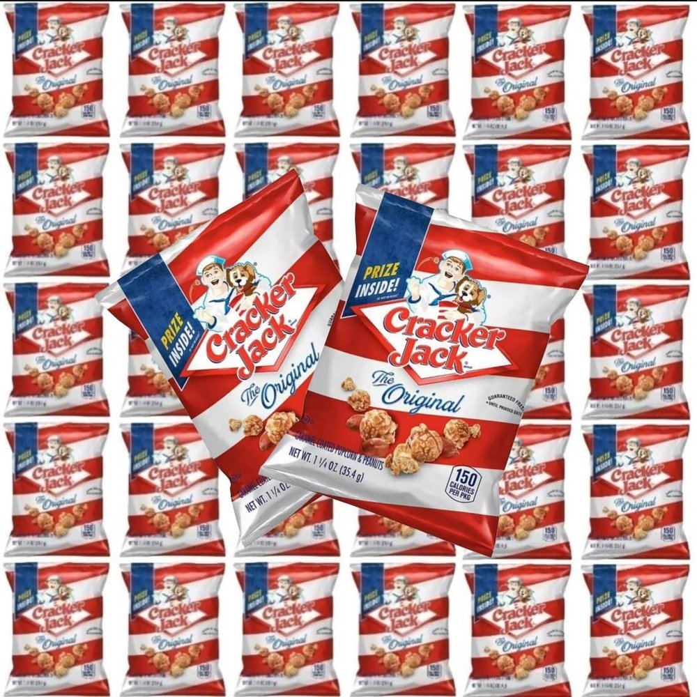 Cracker Jacks Bulk Caramel Popcorn and Peanut Snack Packs 29 Count 1.25 oz. Individually Wrapped Sweet and Salty Popcorn Bags Bulk Snack Box Assembled by Edvending