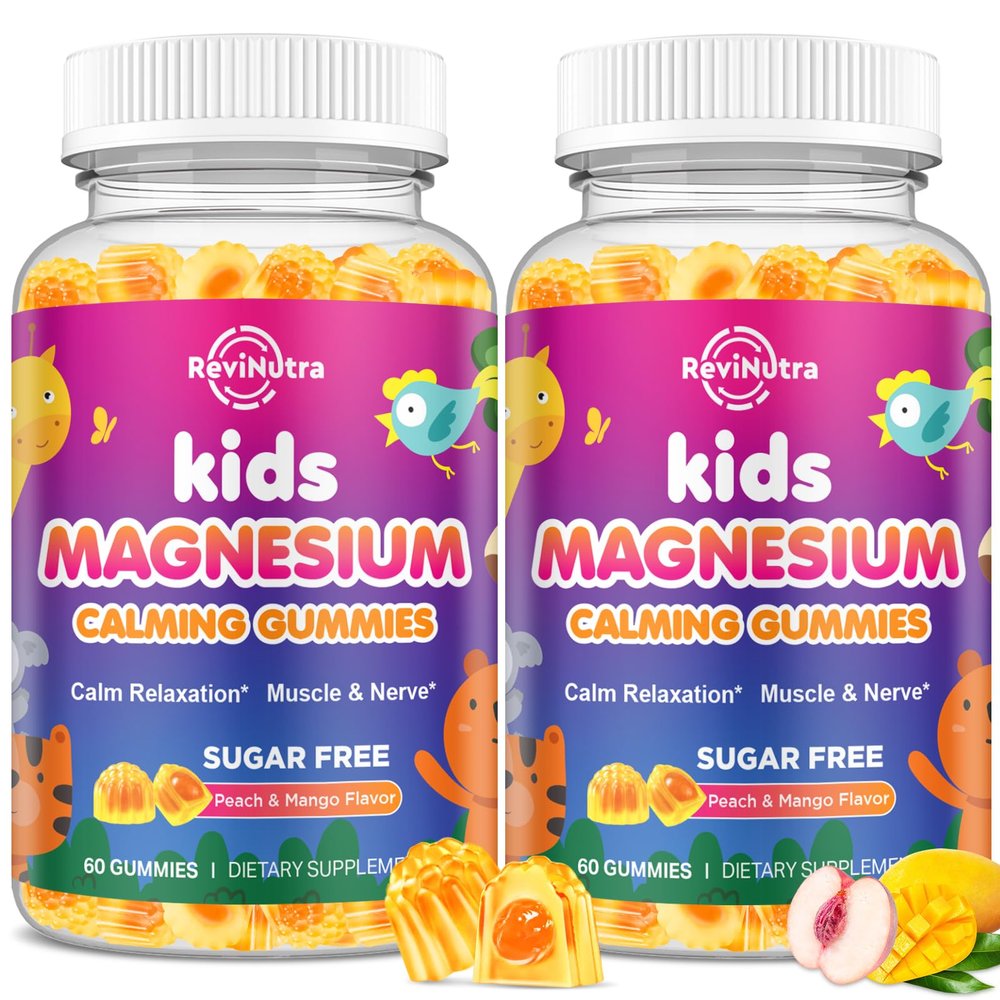 2 Pack Kids Magnesium Glycinate Gummies - Magnesium for Kids Adults with L-Theanine, Chamomile, Licorice, Vitamin D, B6 for Sleep, Relaxation, Brain & Muscle - Sugar Free Peach & Mango