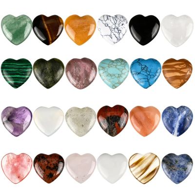 SOFPLATE 24Pcs 24 Styles Heart Crystal Stones Heart Chakra Gemstones Colorful Small 20mm No Hole Mixed Stones Natural Red Jasper Rose Quartz Smooth Reiki Gems for Jewelry Making Hanging DIY Decor