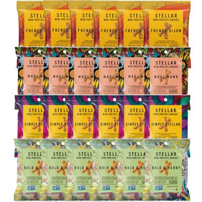 Stellar Snacks Mini Pretzel Braids, 4 Flavor Variety Pack, 1.5 Oz 24 Packs (6 Count x 4 Flavors), Gourmet Pretzel Sticks, Vegan, Kosher, Non GMO, Peanut Free, Healthy Snack