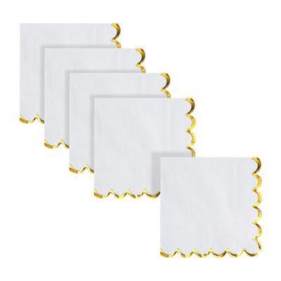 100 Sheets 5 x 5 Inch Solid Color Paper Cocktail Napkins Elegant Beverage Napkins Wedding Reception Dessert Napkin Decorative Birthday Party Napkin with Golden Scalloped Edges White