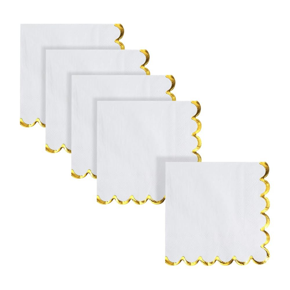 100 Sheets 5 x 5 Inch Solid Color Paper Cocktail Napkins Elegant Beverage Napkins Wedding Reception Dessert Napkin Decorative Birthday Party Napkin with Golden Scalloped Edges White