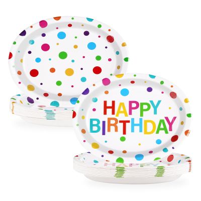 100Pcs Happy Birthday Oval Paper Plates 10" x 12" Large Disposable Heavy Duty Rainbow Colorful Dots Platters Plates Happy Birthday Party Decorations for Baby Shower Dinner Lunch Pastel Party Supplies