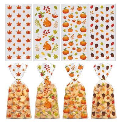 50Pcs Fall Cellophane Treat Bags Thanksgiving Goodie Bags Plastic Autumn Maple Leaves Pumpkin Pinecone Squirrel Candy Cookies Goodie Bag Falls Leaf Party Favor Gift Bag with Twist Ties (4 Styles)