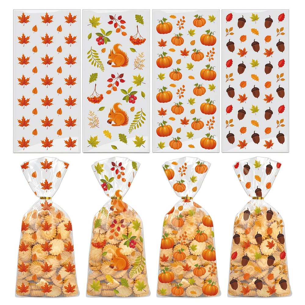 50Pcs Fall Cellophane Treat Bags Thanksgiving Goodie Bags Plastic Autumn Maple Leaves Pumpkin Pinecone Squirrel Candy Cookies Goodie Bag Falls Leaf Party Favor Gift Bag with Twist Ties (4 Styles)
