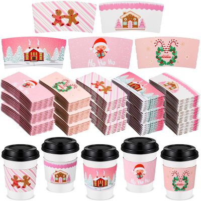 Remerry 250 Pack Winter Christmas Disposable Coffee Cup Paper Sleeves Xmas Santa Holiday Tea Hot Chocolate Cocoa Sleeves for 12oz 16oz Cups (Pink)