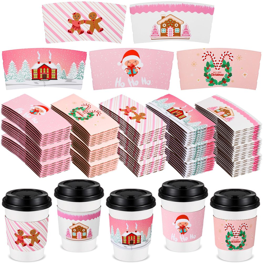 Remerry 250 Pack Winter Christmas Disposable Coffee Cup Paper Sleeves Xmas Santa Holiday Tea Hot Chocolate Cocoa Sleeves for 12oz 16oz Cups (Pink)