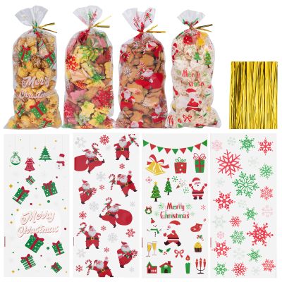 Aubeco 120Pcs Christmas Treat Bags, 10.8 x 4.8 Inches Clear Cellophane Candy Bags with Gold Twist Ties for Party, Snacks, Cookie Packing (Santa, Snowflake)