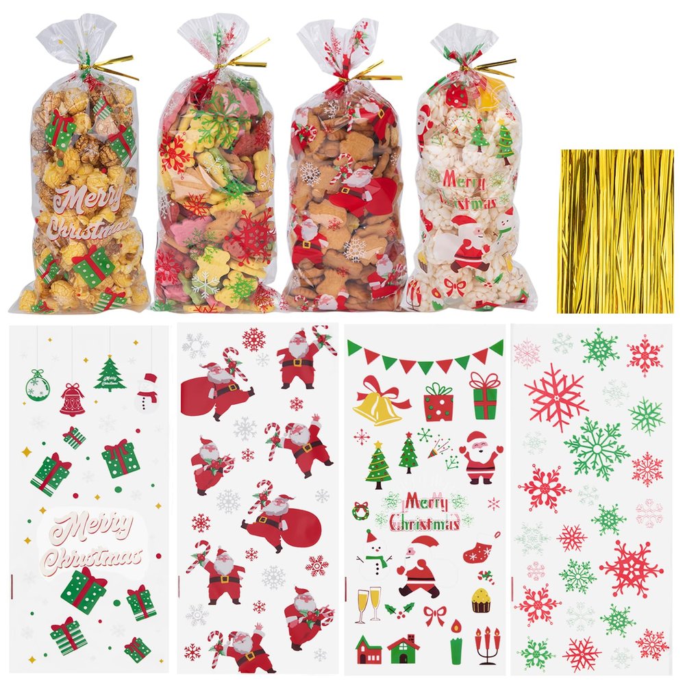 Aubeco 120Pcs Christmas Treat Bags, 10.8 x 4.8 Inches Clear Cellophane Candy Bags with Gold Twist Ties for Party, Snacks, Cookie Packing (Santa, Snowflake)