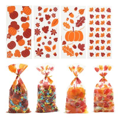 50Pcs Fall Goodie Treat Bags Maple Leaves Cellophane Gift Bag Autumn Pumpkin Candy Foodie Plastic Cello Bags with Twist Ties Maple Leaf for Fall Thanksgiving Theme Party Favor Supplies (4 Styles)