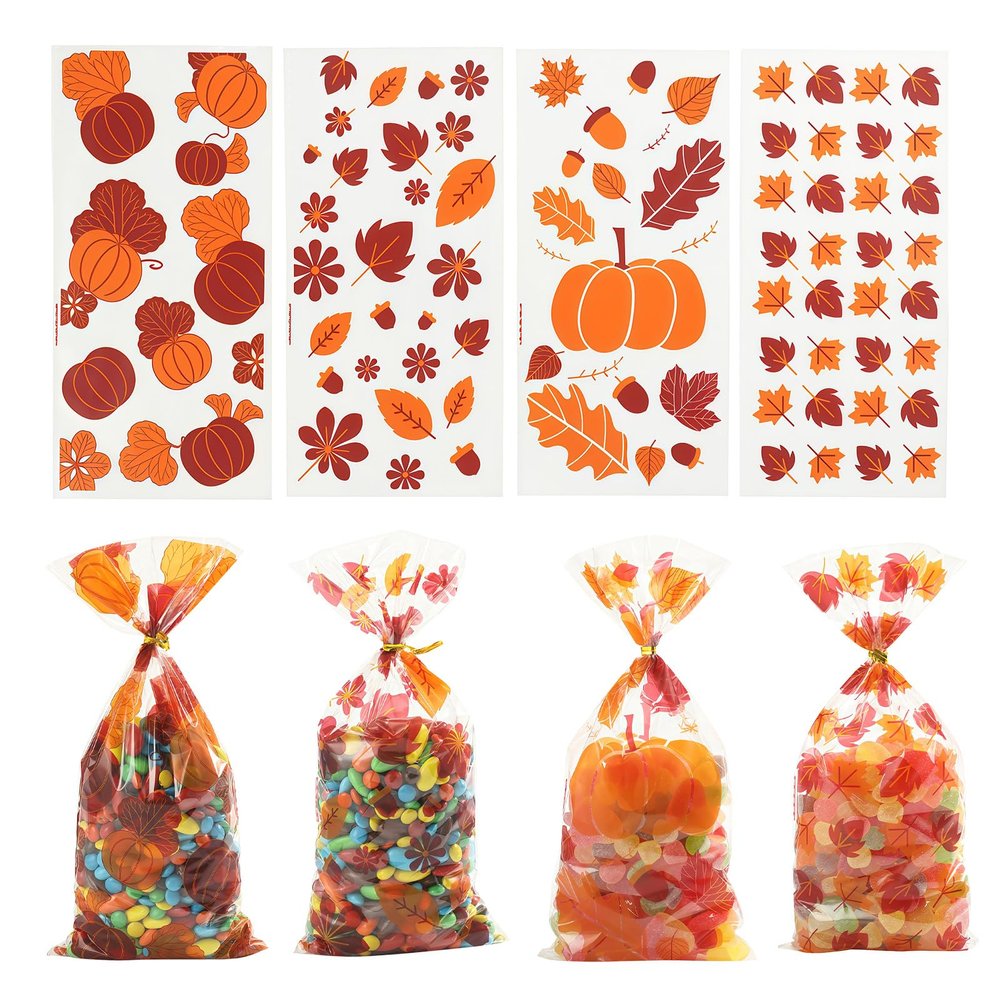 50Pcs Fall Goodie Treat Bags Maple Leaves Cellophane Gift Bag Autumn Pumpkin Candy Foodie Plastic Cello Bags with Twist Ties Maple Leaf for Fall Thanksgiving Theme Party Favor Supplies (4 Styles)