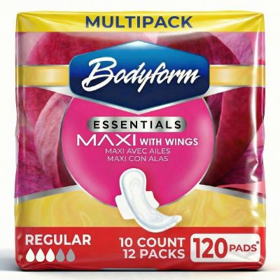 [120 Count] Essentials Maxi Pads with Wings | 10 Count (Pack of 12), Sanitary Pads for Women, Super-Soft & Leak-Proof Period Pads, Advanced Absorbent Core with Wings | Regular