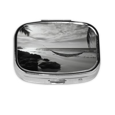 Black and White Beach Pill Box for Pocket or Purse, 2 Compartment Small Pill Case, Portable Travel Pill Organizer Daily Pill Container with Mirror Metal Medicine Case Unique Gift
