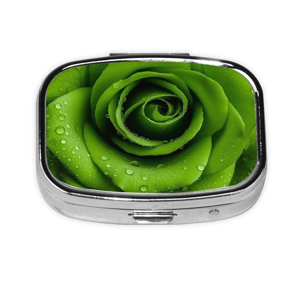 Green Rose Pill Box for Pocket or Purse, 2 Compartment Small Pill Case, Portable Travel Pill Organizer Daily Pill Container with Mirror Metal Medicine Case Unique Gift