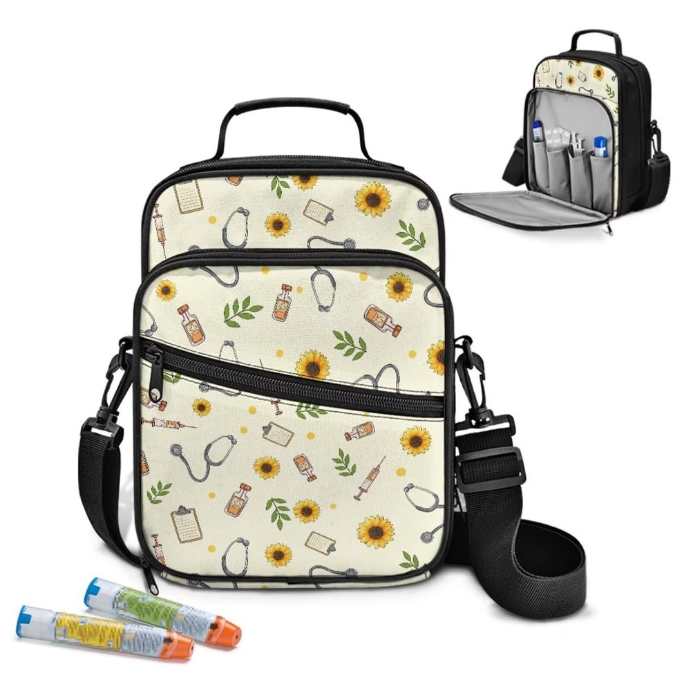 Uacyareni Diabetes Supplies Organizer Bag with Adjustable Shoulder Strap Sunflower Diabetic Supplies Travel Case