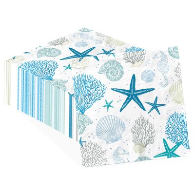 100 Pcs Ocean Coral Paper Napkins 3-ply 6.5'' x 6.5" Disposable Blue Starfish Seashell Dinner Size Napkins Under the Sea Square Beverage Napkins for Beach Dinner Bathroom Kitchen Supplies Decorations