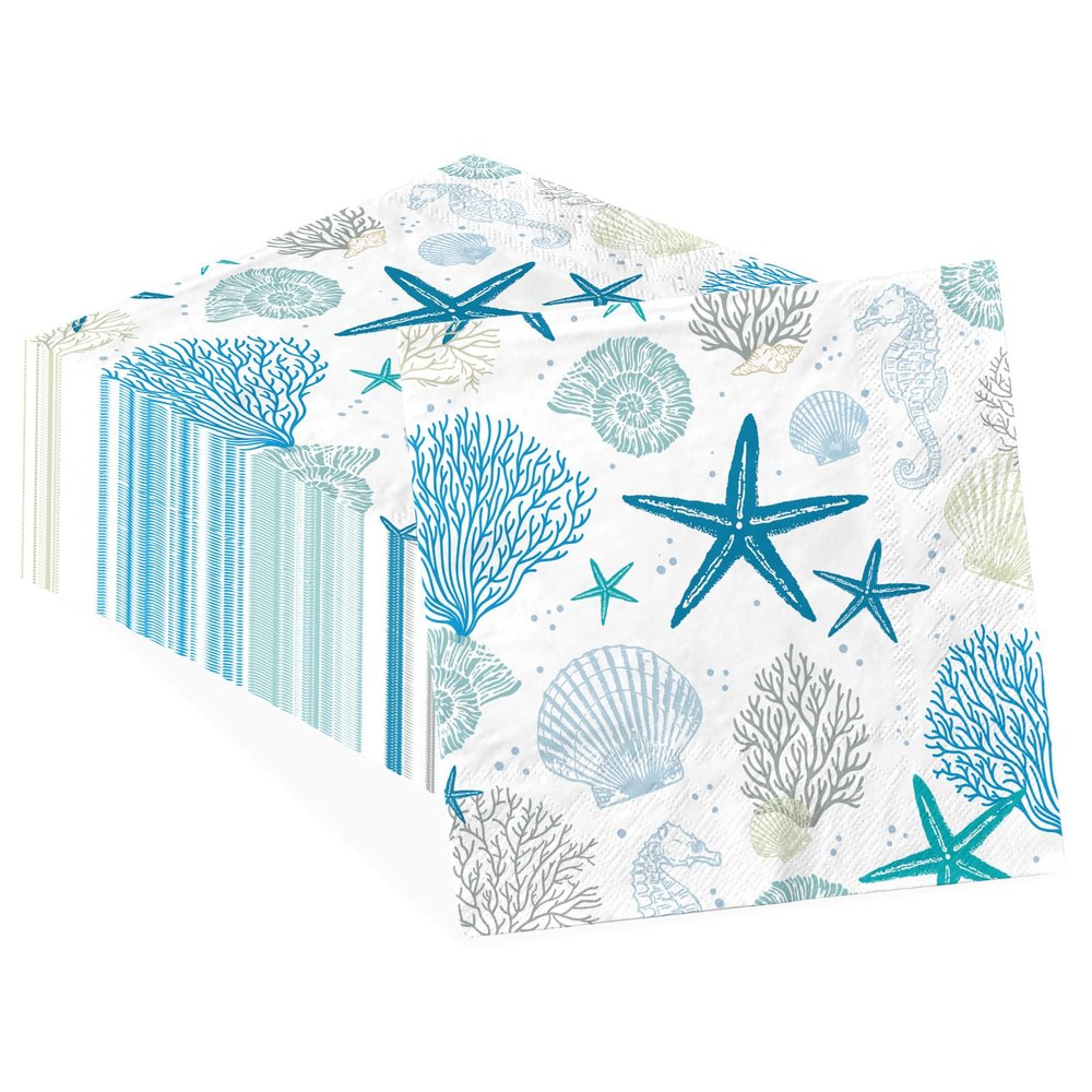 100 Pcs Ocean Coral Paper Napkins 3-ply 6.5'' x 6.5" Disposable Blue Starfish Seashell Dinner Size Napkins Under the Sea Square Beverage Napkins for Beach Dinner Bathroom Kitchen Supplies Decorations