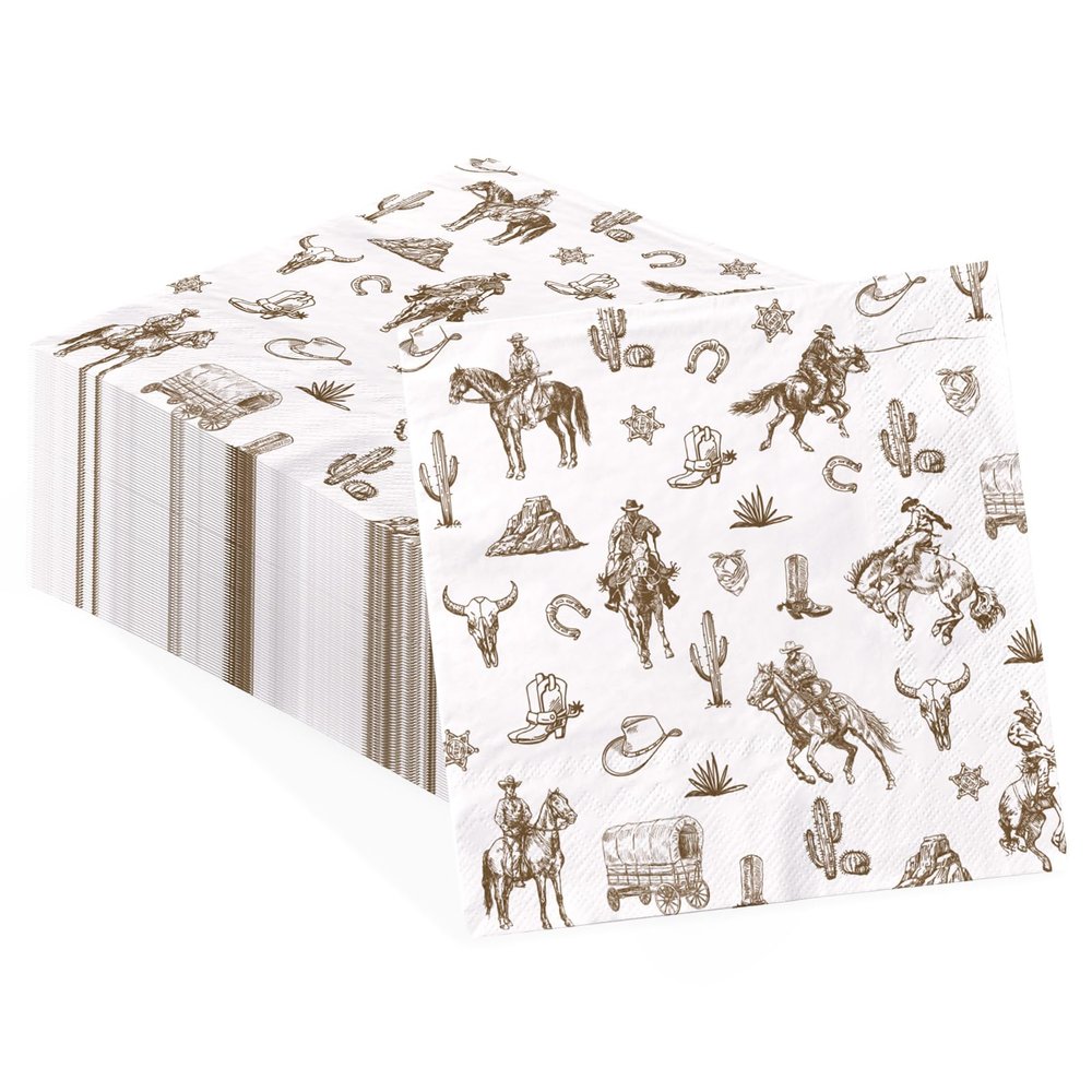 100 Pcs Western Cowboy Paper Napkins 3 Ply Cactus Horse 6.5 x 6.5 Inches Disposable Absorbent Hand Towels Wild West Rodeo Guest Napkins for Horse Theme Cowboy Birthday Dinner Bathroom Party Supplies