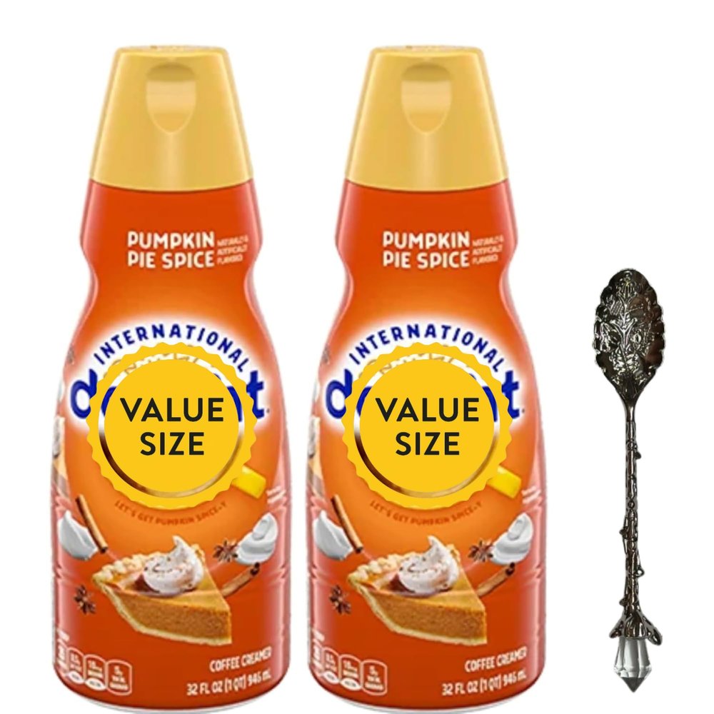 Pumpkin Pie Spice Liquid Coffee Creamer.- Two (2) 32 fl oz Bottles of Creamy Smooth Delightful Coffee Creamer with Candy Freezer Gem Spoon (Pumpkin Pie Spice) Gem Spoon