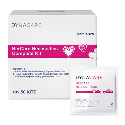 Dynarex HerCare Necessities Menstrual Kits - 50 Count Period Kits with 1 Super Maxi Pad, 1 Ultra-Thin Maxi Pad, 2 Feminine Hygiene Wipes - Travel Essentials for Women & Teens