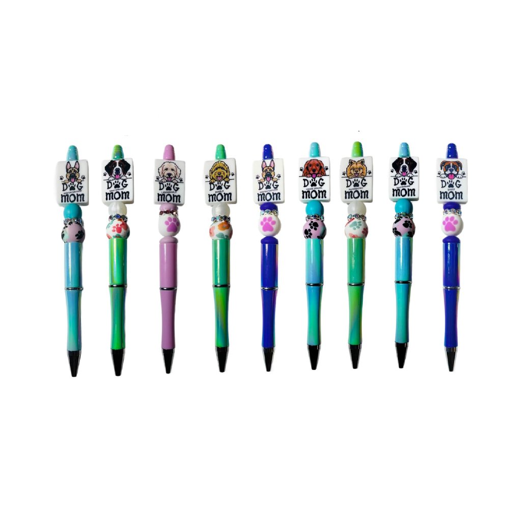 Dog Breed Paw Print Beaded Ballpoint Pen with Refill, Shih Tzu, Chihuahua, Boxer, Pomeranian, St. Bernard, German Shepherd, Cocker Spaniel (#3 - Labradoodle, Pink)