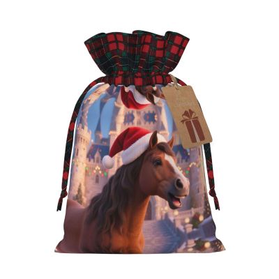 YzgWjBhd Christmas Drawstring Gift Bags with Tags, Brown Horse Printed Reusable Holiday Wrapping Sacks, 8.3" x 11.8", Xmas Party Favor Presents