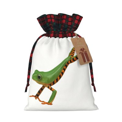 YzgWjBhd Christmas Drawstring Gift Bags with Tags, Jumping Frog Printed Reusable Holiday Wrapping Sacks, 8.3" x 11.8", Xmas Party Favor Presents
