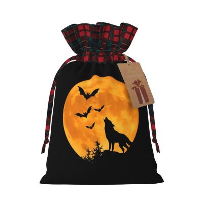 YzgWjBhd Christmas Drawstring Gift Bags with Tags, Wolf and Moon Printed Reusable Holiday Wrapping Sacks, 4.7" x 6.9", Xmas Party Favor Presents