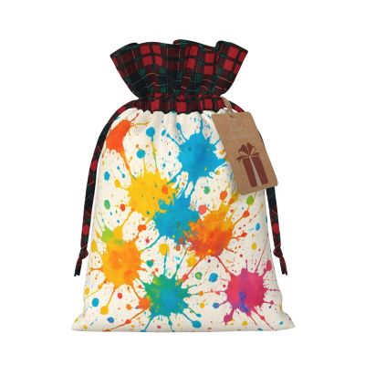 YzgWjBhd Christmas Drawstring Gift Bags with Tags, Paint Splatter Printed Reusable Holiday Wrapping Sacks, 4.7" x 6.9", Xmas Party Favor Presents
