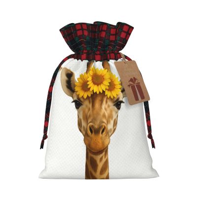 YzgWjBhd Christmas Drawstring Gift Bags with Tags, Sunflowers and Giraffe Printed Reusable Holiday Wrapping Sacks, 4.7" x 6.9", Xmas Party Favor Presents
