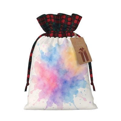 YzgWjBhd Christmas Drawstring Gift Bags with Tags, Watercolor Splash Printed Reusable Holiday Wrapping Sacks, 8.3" x 11.8", Xmas Party Favor Presents
