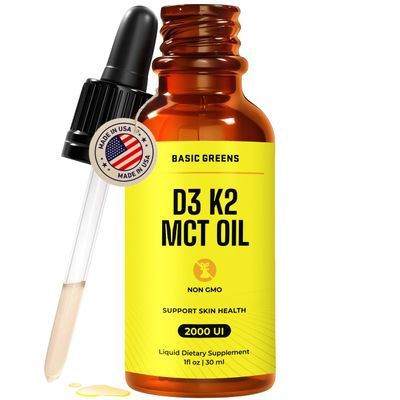 BASIC GREENS Vitamin D3 K2 Liquid Drops 2000 IU D3 + 85 mcg K2 MK-7 Calcium Absorption, Bone & Immune Support 30 Servings, Sugar Free, Made in USA