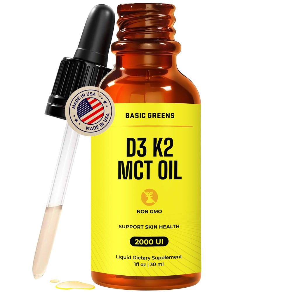 BASIC GREENS Vitamin D3 K2 Liquid Drops 2000 IU D3 + 85 mcg K2 MK-7 Calcium Absorption, Bone & Immune Support 30 Servings, Sugar Free, Made in USA