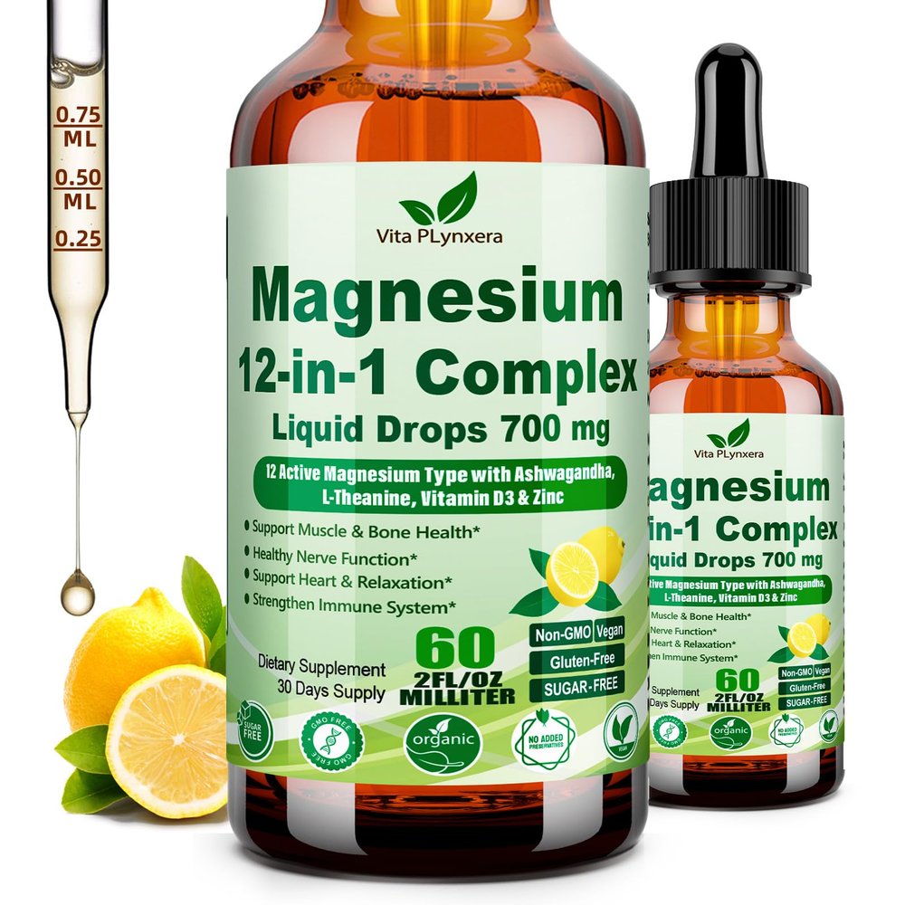 12-in-1 Magnesium Complex Liquid Drops, Chelated Magnesium Citrate Glycinate Taurate Malate Aspartate w. Ashwagandha Theanine D3 & Zinc for Relaxation Sleep Immune Health & Muscle FunctionWomen Men.