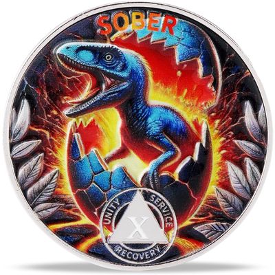 10 Year Dinosaur Hatch Sobriety Coin Breaking Through NA Medallion Fun & Powerful Token for Recovery & Clean Time Empowering NA AA Chips Gift for Men & Women