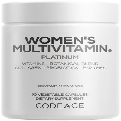 Codeage Womens Multivitamin Platinum - Vitamins A D3 K1 K2 B12 & Minerals, CoQ10, Skin, Hair & Nails Complex, Collagen, Botanicals, Probiotics, Fermented Greens, Lutein, Astaxanthin - 90 Capsules