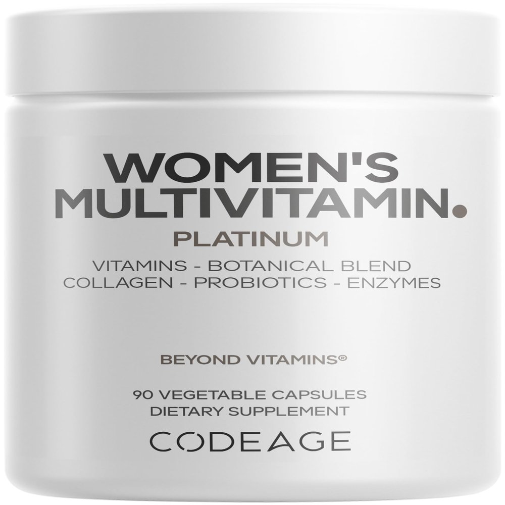 Codeage Womens Multivitamin Platinum - Vitamins A D3 K1 K2 B12 & Minerals, CoQ10, Skin, Hair & Nails Complex, Collagen, Botanicals, Probiotics, Fermented Greens, Lutein, Astaxanthin - 90 Capsules