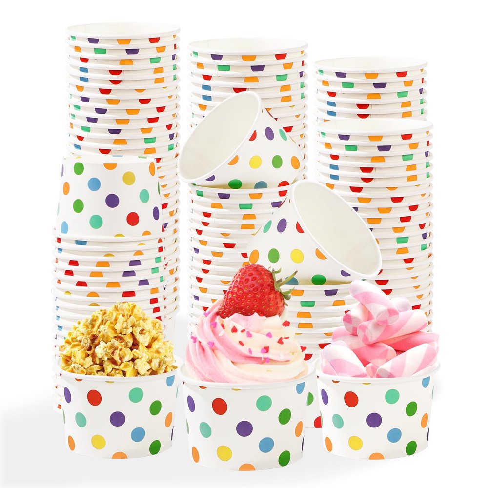 120 Pcs Rainbow Ice Cream Cups 12 oz Disposable Rainbow Polka Dots Paper Dessert Snack Bowl Colorful Polka Food Yogurt Cup Container for Hot or Cold Food Soup Candies Birthday Holiday Party Supplies